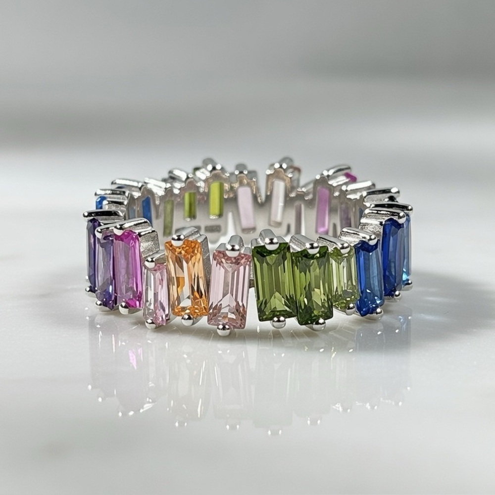 925 Sterling Silver Rhodium Plated Rainbow CZ Stacker Eternity Ring Size 6.75